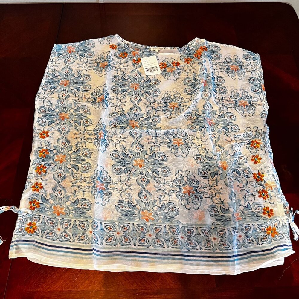 Modaposa Womens Floral Embellished Tunic Top Blue White 100% Polyester